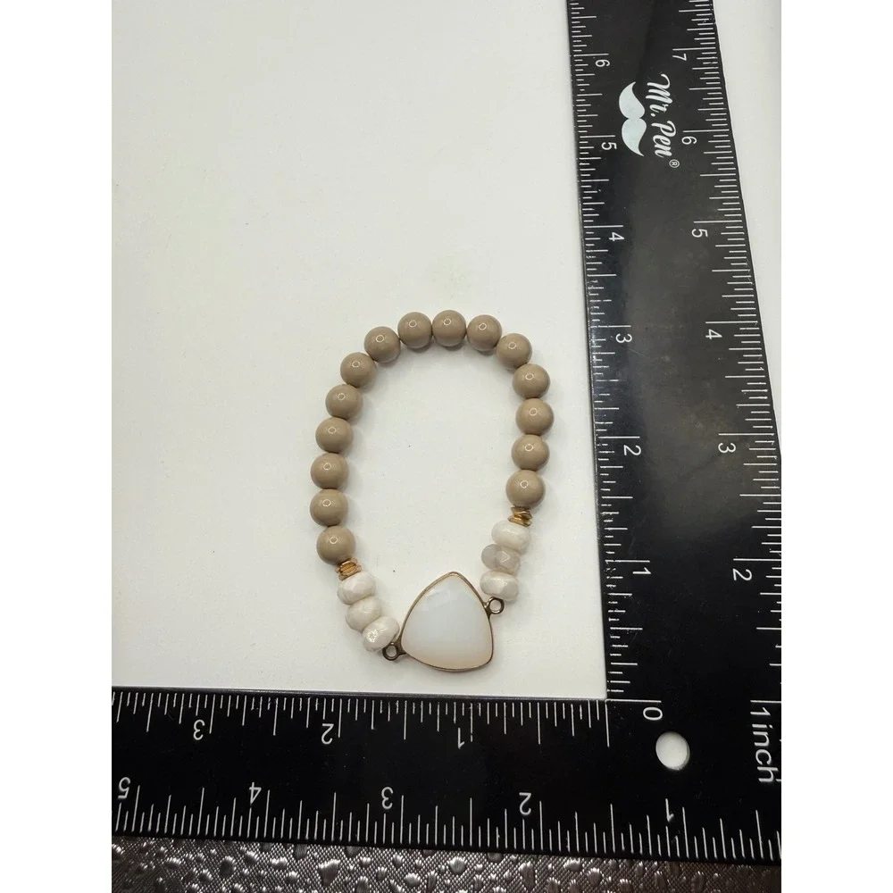 Boho Taupe and‎ White Beaded Stretch Bracelet with Triangle Stone Focal Accent